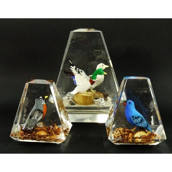 Vintage MCM Clear Lucite Prism Paperweight Lot Birds Canada Wood Carved - Picture 2 of 16